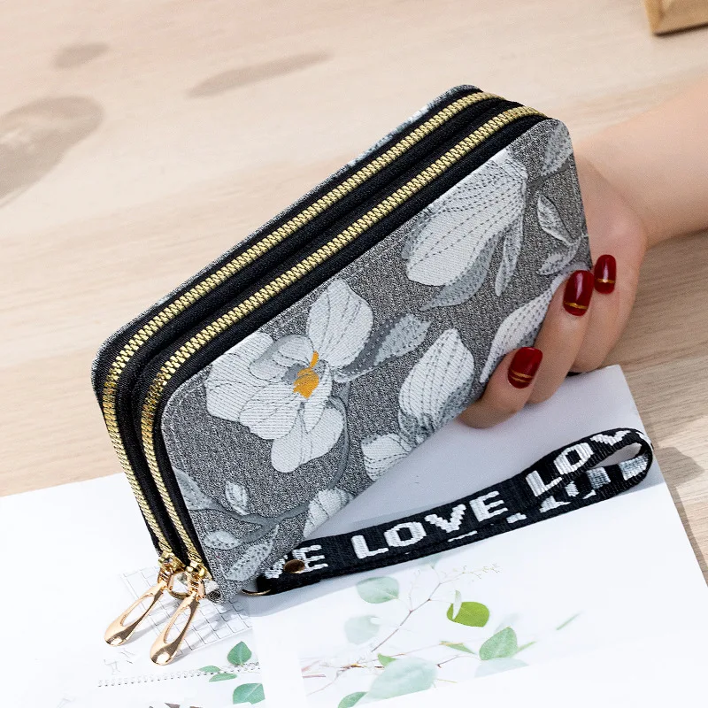 PU Leather Double Zipper Wallet for Women Long Embroidery Coin