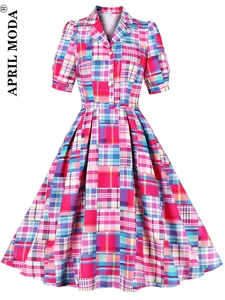 Colorful Plaid Print Shirt Party Summer A Line Dress Elegant Turn Down Collar Button Vintage Women 40s 50s 60s Pinup Swing Dress