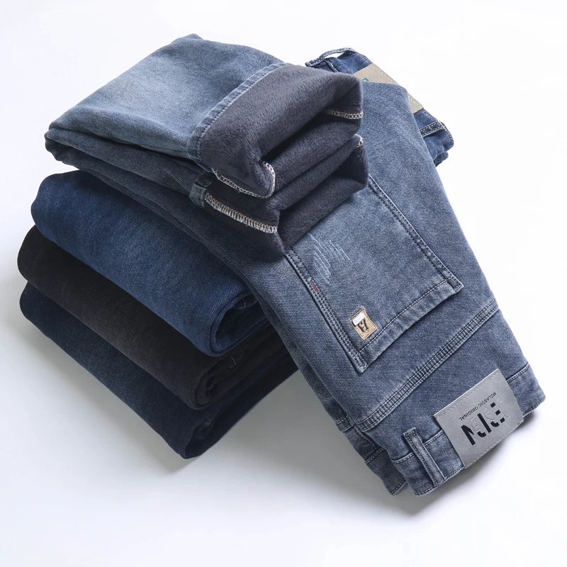 

Men's Fleece Jeans Winter New Embroidery Fashion Straight Slim Casual Male Brand Stretch Plush Denim Trousers Grey Blue