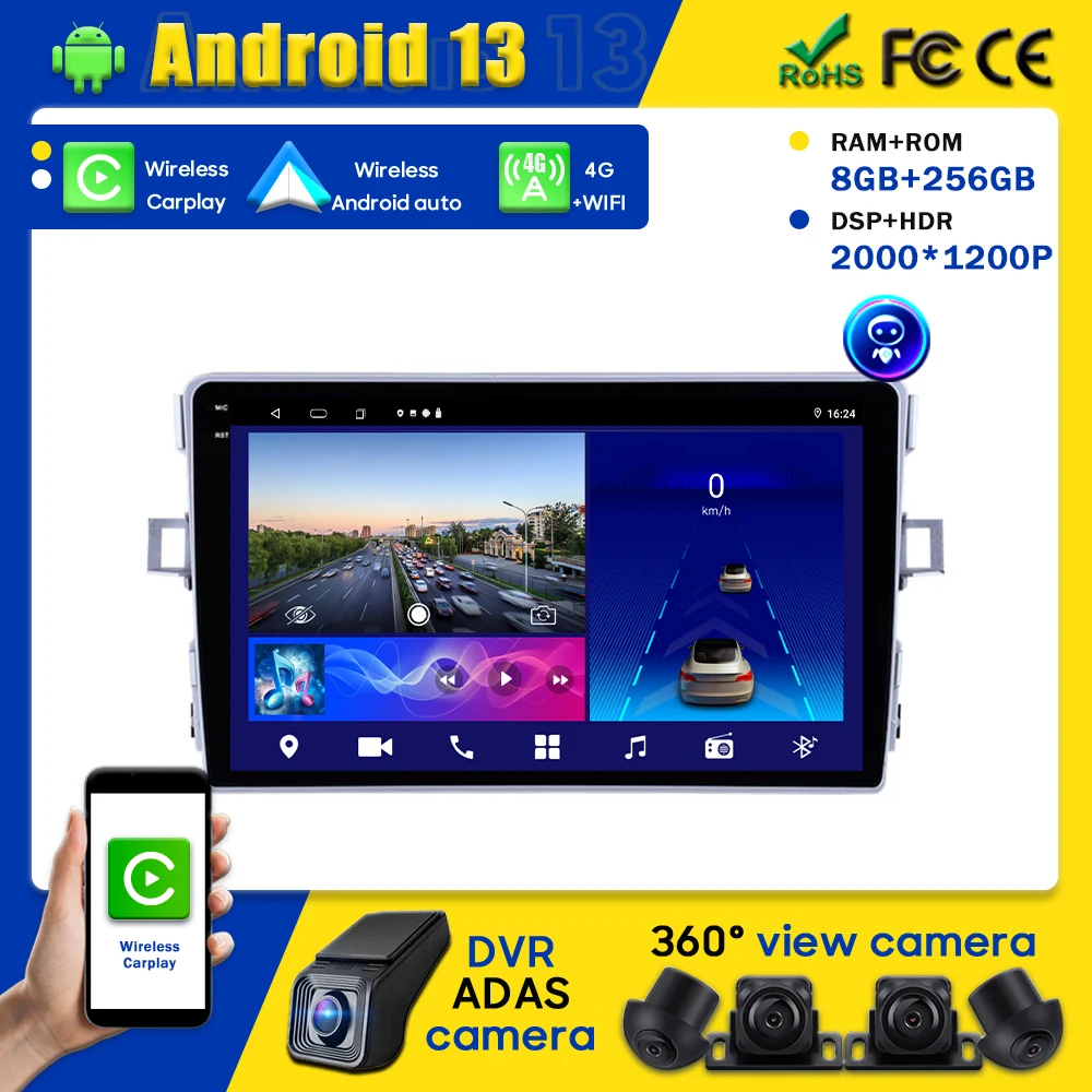 Auto Android Auto Per Toyota Corolla Verso 2009-2018 Carplay Bt Radio Navigation Head Unit Multimedia 4G No 2Din Dvd Gps Pplayer