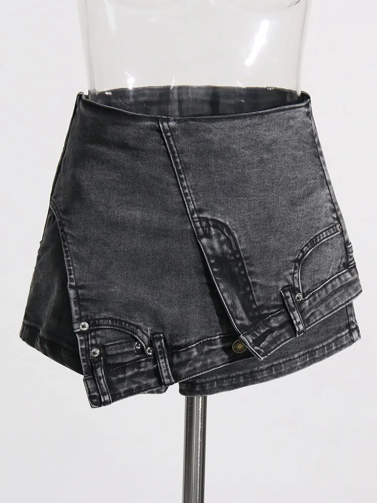 KBQ Asymmetrical Streetwear Denim Shorts For Women High Waist Spliced Zipper Skinny Chic Denim Short Pants Female Clothing New