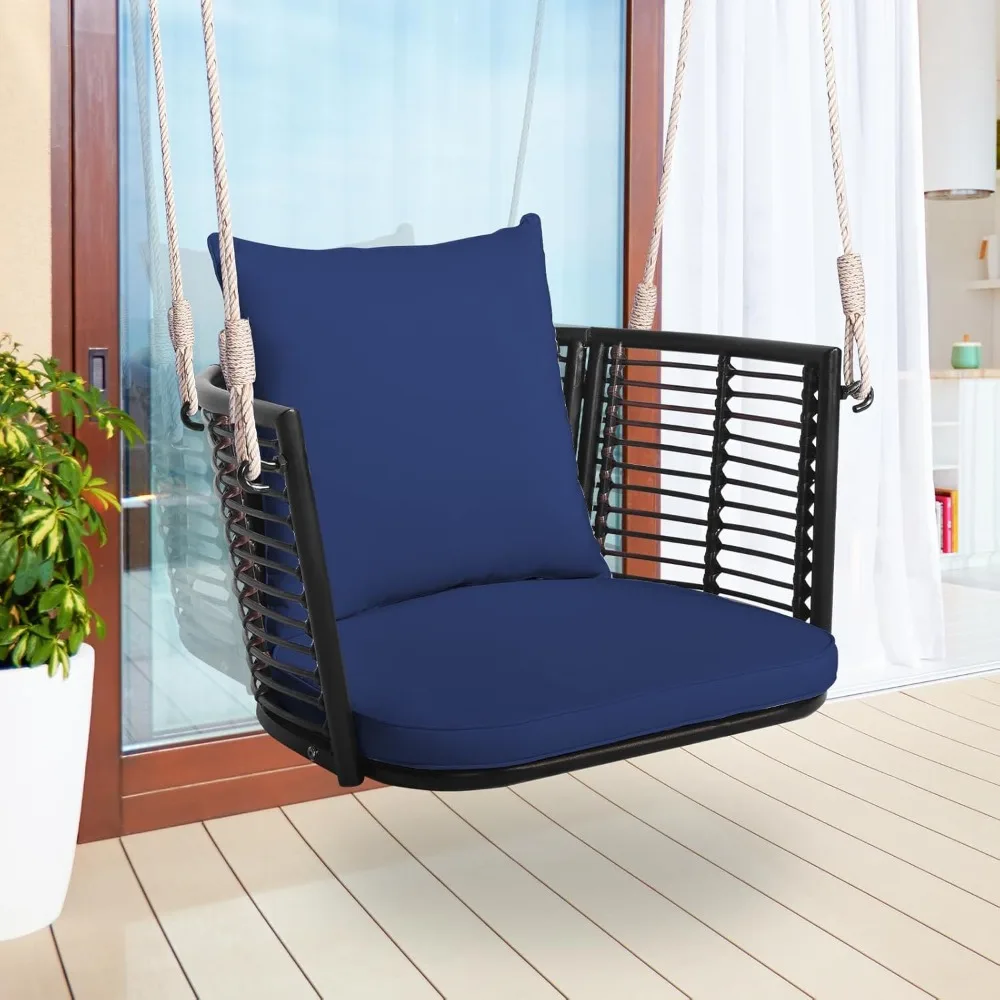 Metal Porch Swing, Single Person Hanging Seat w/Woven Rattan Backrest, 2 Sturdy Hanging Ropes, Patio Swings 2