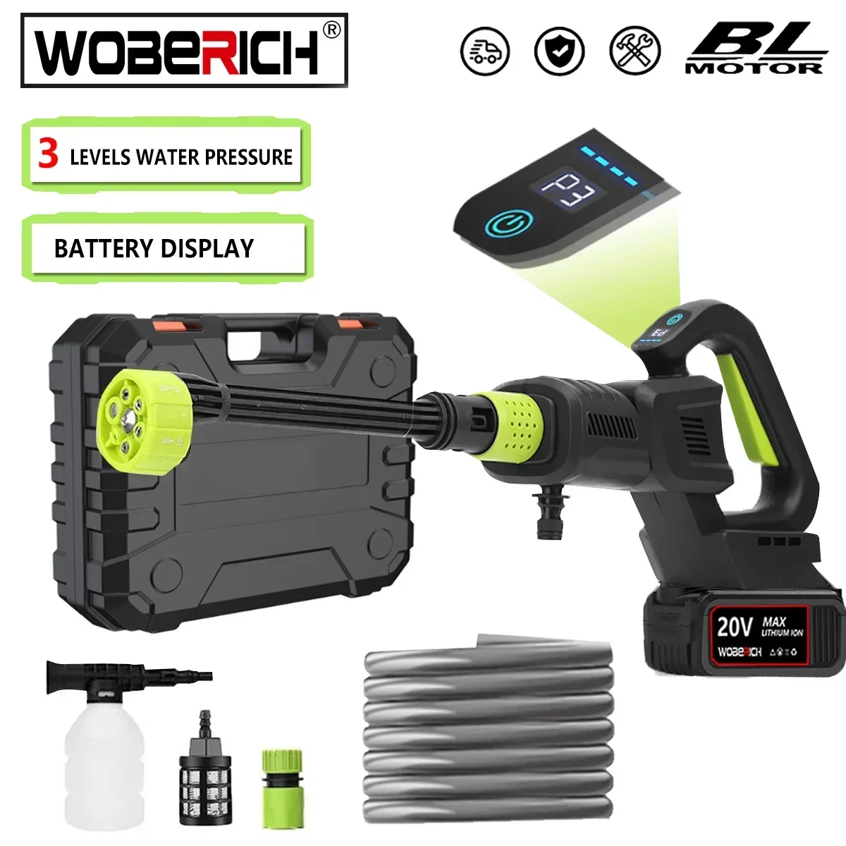 WOBERICH 280Bar Brushless Electric High Pressure Washer Gun 3 Gear Home Car Washing Water Spray For Makita 18V Battery Pin