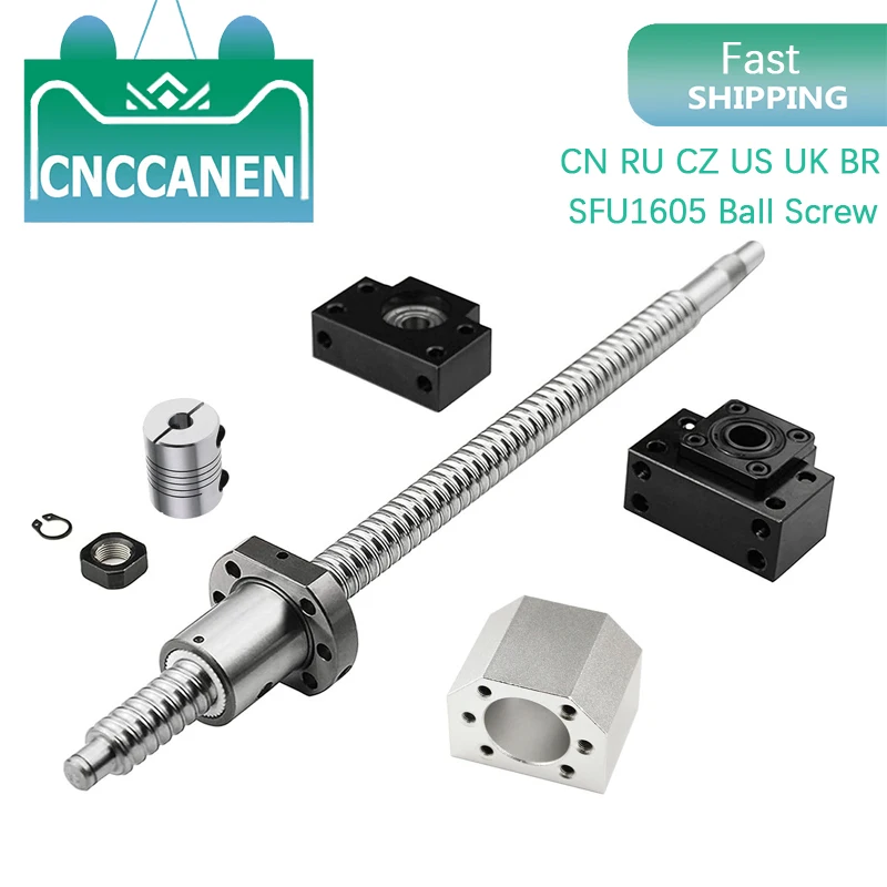 Cold Roller Ball Screw Cnc Router Kit Ballscrew Support Unit RM1605 Ballscrew C7 End Machined Length 250~1550mm+Nut Housing BK/BF12 End support+Coupler for CNC Router SFU1605 Ballscrew Kit