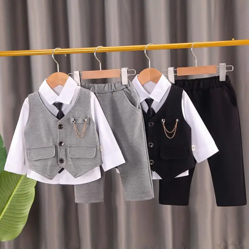 

2023 Spring Autumn Toddler Baby Kids Boys Gentleman Clothing Sets Party Wedding Clothes Suit T-shirt+Vest+Pants 3pcs Set 0-4Y