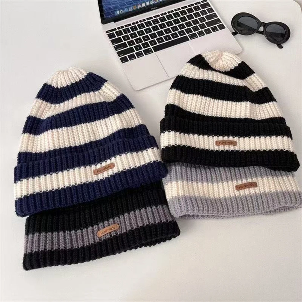 Hot Sale Women Slouchy Winter Hat Fashion Stripe Stitching Y2K Beanie Hat Soft Knit Hats Female Outdoor Streetwear Cap