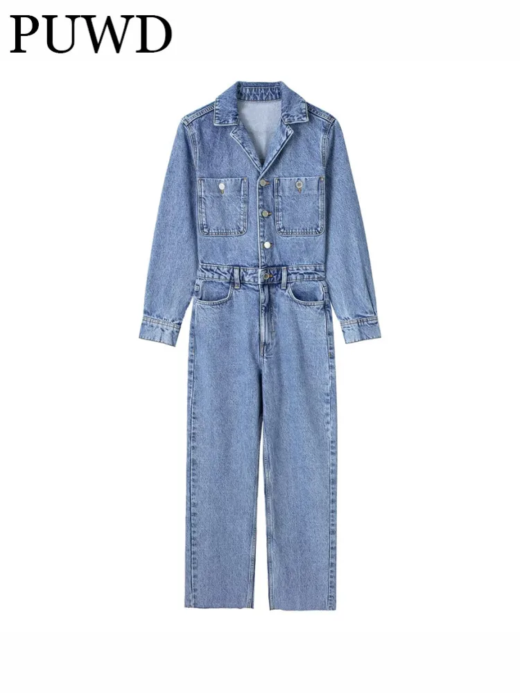 

PUWD Women Fashion Blue With Pockets Denim Jumpsuits 2023 Summer Vintage Long Sleeve Front Buttons Female Playsuits Mujer