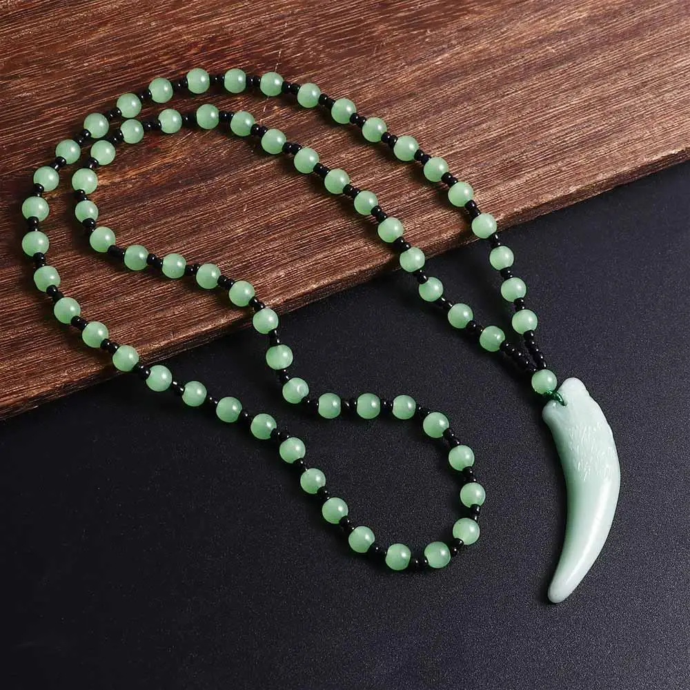 Jade Wolf Tooth Pendant Temperament Small Bead Couple Chinese Style Necklace Fashion Jewelry Girl Necklace Men