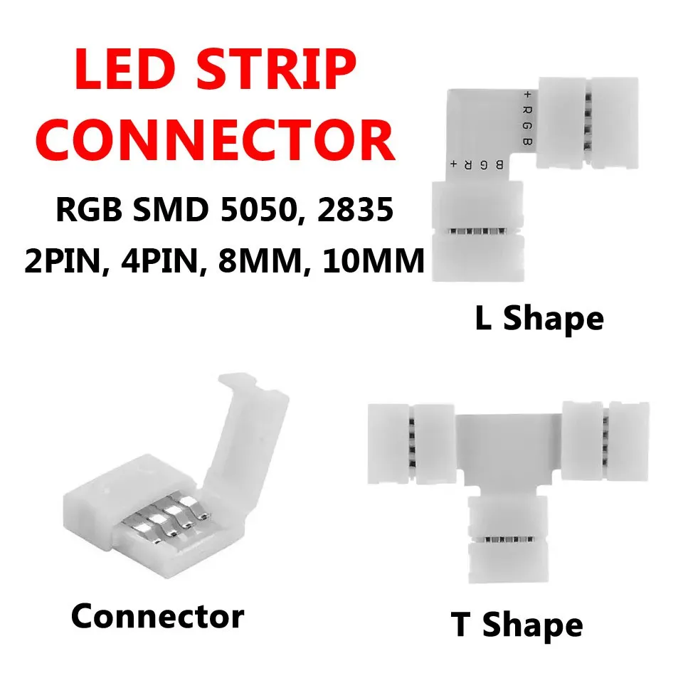 LED Strip Connector para RGB Strip, solda livre, T Shape, SMD, 5050, 2835, 2 pinos, 3 pinos, 4 pinos, 5 pinos, 8mm, 10mm, 12mm, 5 PCes