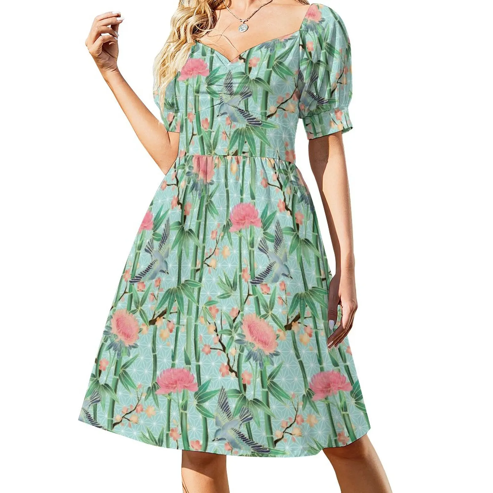 

Bamboo, Birds and Blossom - soft blue green Sleeveless Dress beach outfits for women luxury woman evening dress