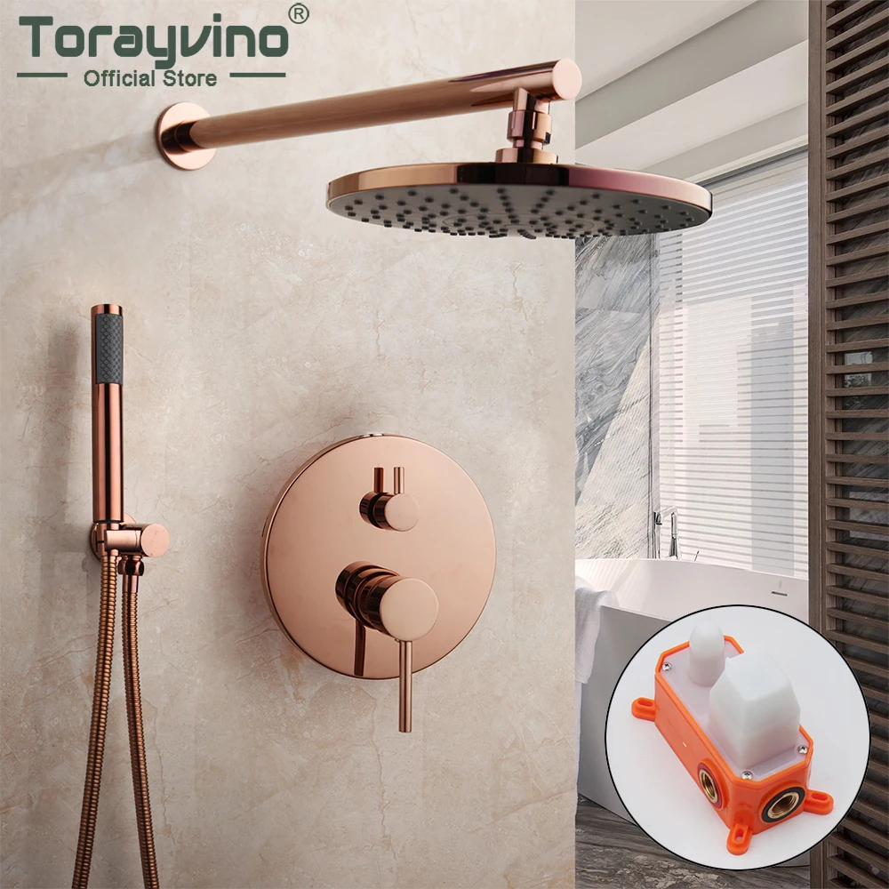 Torayvino Rose Gold 8" Round Rainfall Spout Bathroom Shower Faucet Wall Mounted Hand Showers Rotate Bathtub Mixer Water Tap Set