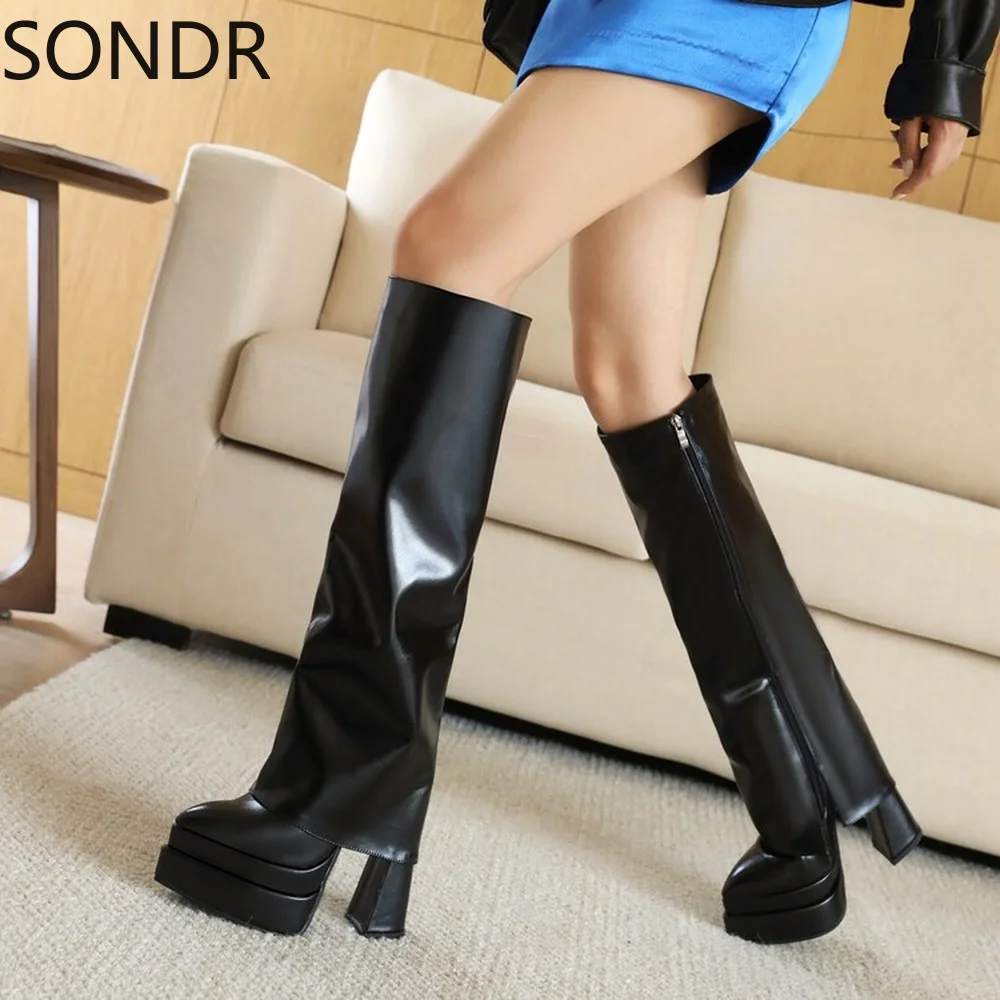 

Womens Platform Knee Thigh Boots Wide Tube Pointed Toe Block High Heel Warm Winter Fleece Liner Shoes Plus Size Ladies