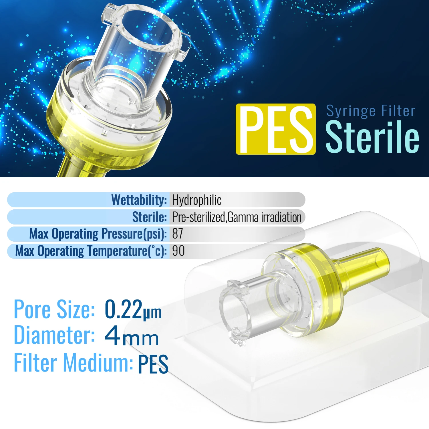 10pcs/25pcs/100 Pcs Sterile hydrophilic Syringe Filters PES Membrane 0.22&mu;m Pore Size 4mm Diameter Individually Packed by Ks-Tek