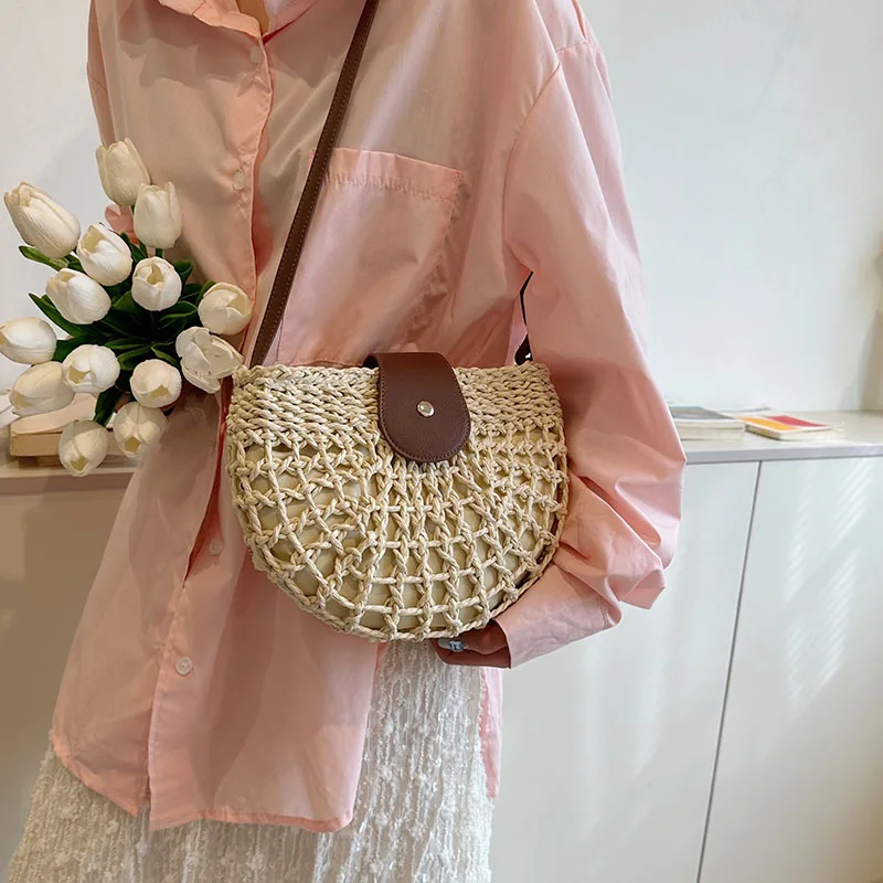 Summer Rattan Bags Women Saddle Straw Shoulder Bag Handmade Woven Crossbody Bag Lady Handbags Bohemia Travel Clutch Beach Bag