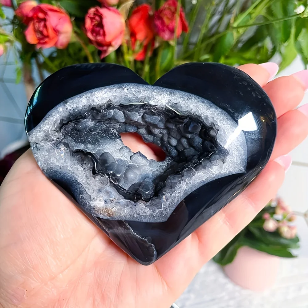 Black Agate Geode Heart Crystal - Natural Carved Palm Stone, Bohemian Home Decor, Love Pocket Gemstone for Crystal Collection 3
