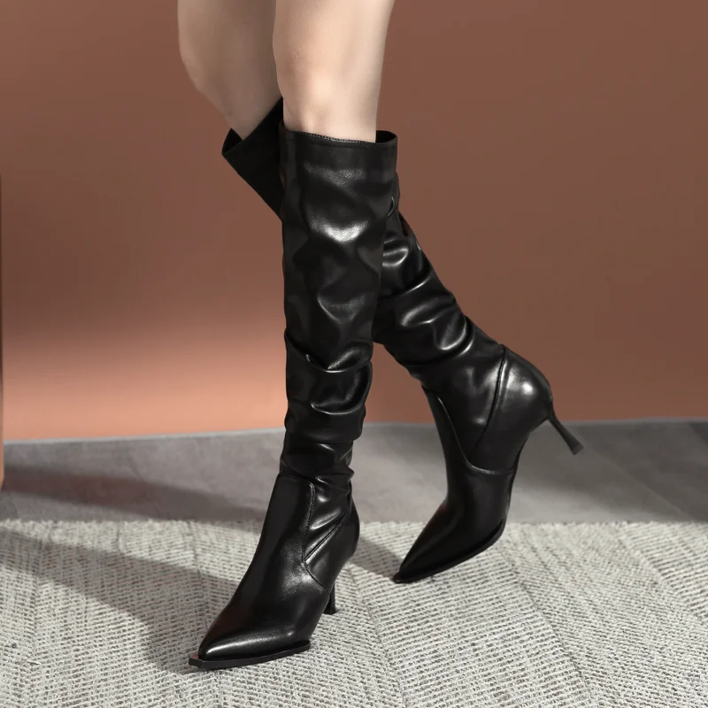 

Knee High Boots Women Fashion Long Wrinkled Patent Sexy Nightclub Dance Ladies Long Shoes Pile Up Stiletto Boots Botas De Mujer