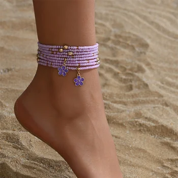 Cute Small Flower Pendant Purple Round Beads Anklets For Women 2pcs/Set Foot Chain Beach Jewelry Ankle Bracelet Summer Accessory