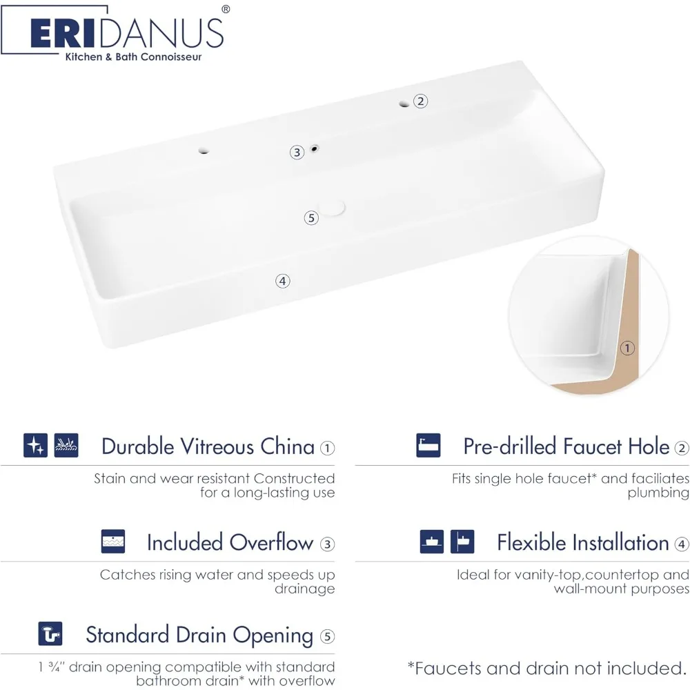 Bathroom Sink Rectangle 43" x 16", Two Hole Vitreous Ceramic Vessel Sink, Countertop & Wall Mount, with Overflow, Glossy White 3