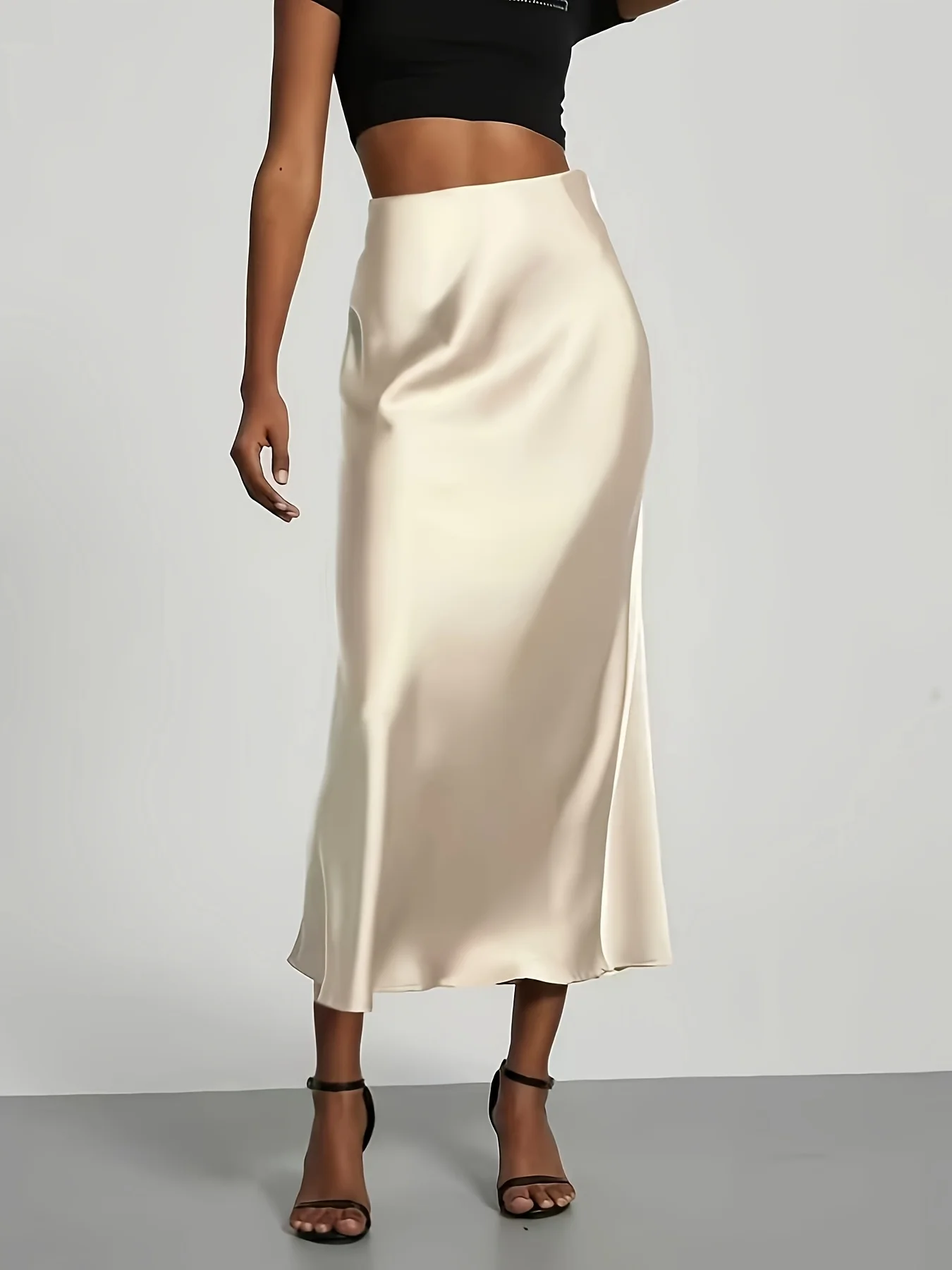 Women's Satin Midi Skirt, High‑waisted Slim Straight, Elegant Draping, Mature Versatile for Commute, Vacation & Parties 3