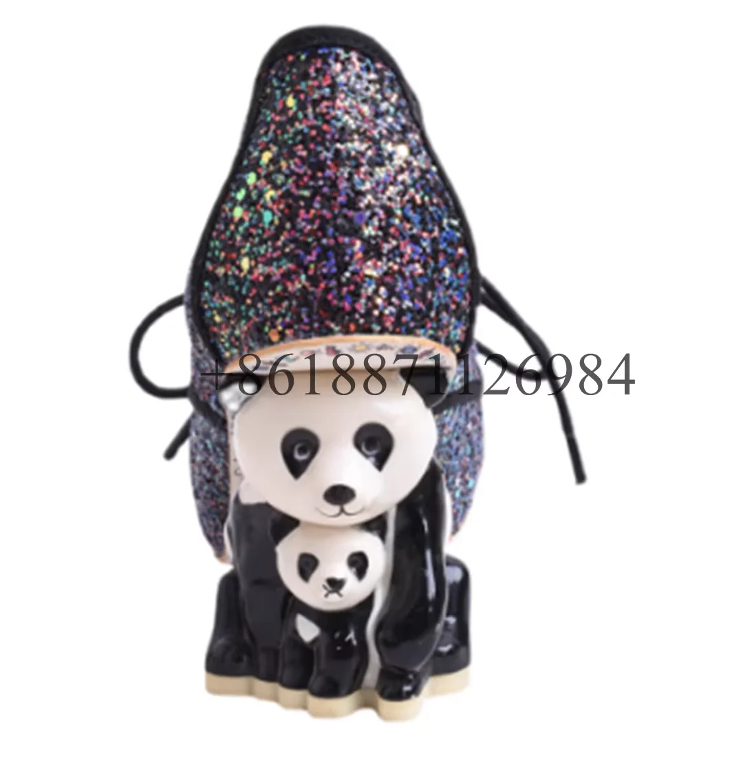 Bling Rhinestone Round Toe Women Pumps Shoes Strange With Panda High Heels 9.5CM Lace Up Design Marry Jane Shoes 5