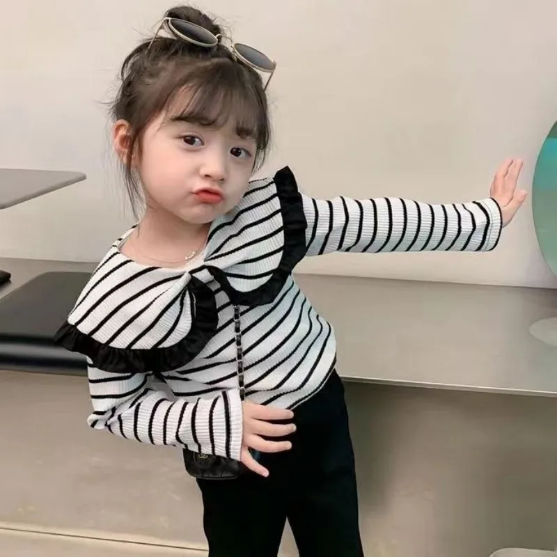 

2023 Spring New Korean Girls Stripe T-Shirt Top Backing Shirt Girls’ Baby's Big Lapel Bowknot Slim Top Children’s Clothing