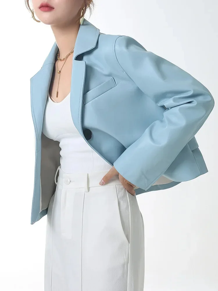 Chaqueta de cuero genuino recortada para mujer, tendencia primavera otoño 2024, abrigo de piel de oveja natural con cuello con muescas y un solo botón para motocicleta