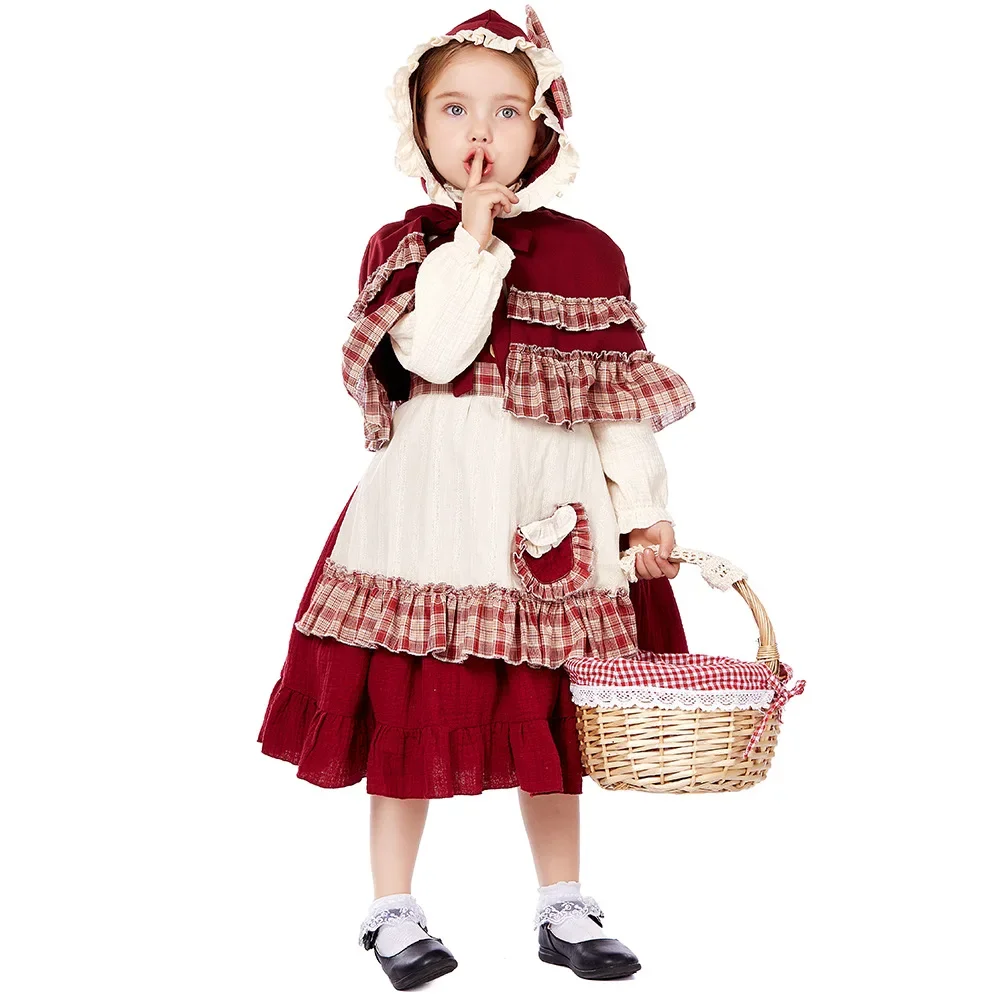 

5 Piece Little Red Riding Hood Cosplay Dress for Girls Lolita Style Dress Kids Maid Halloween Dress Stage Drama Show Costume