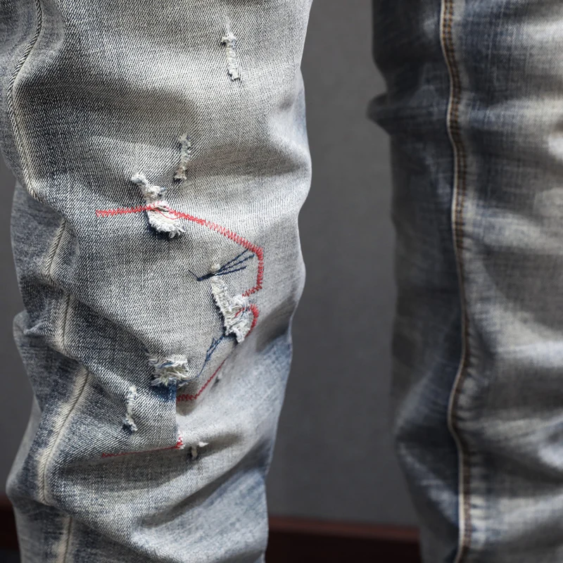 Fashion Vintage Men Jeans High Quality Retro Gray Blue Elastic Slim Fit Ripped Jeans Men Embroidery Designer Hip Hop Pants Homme