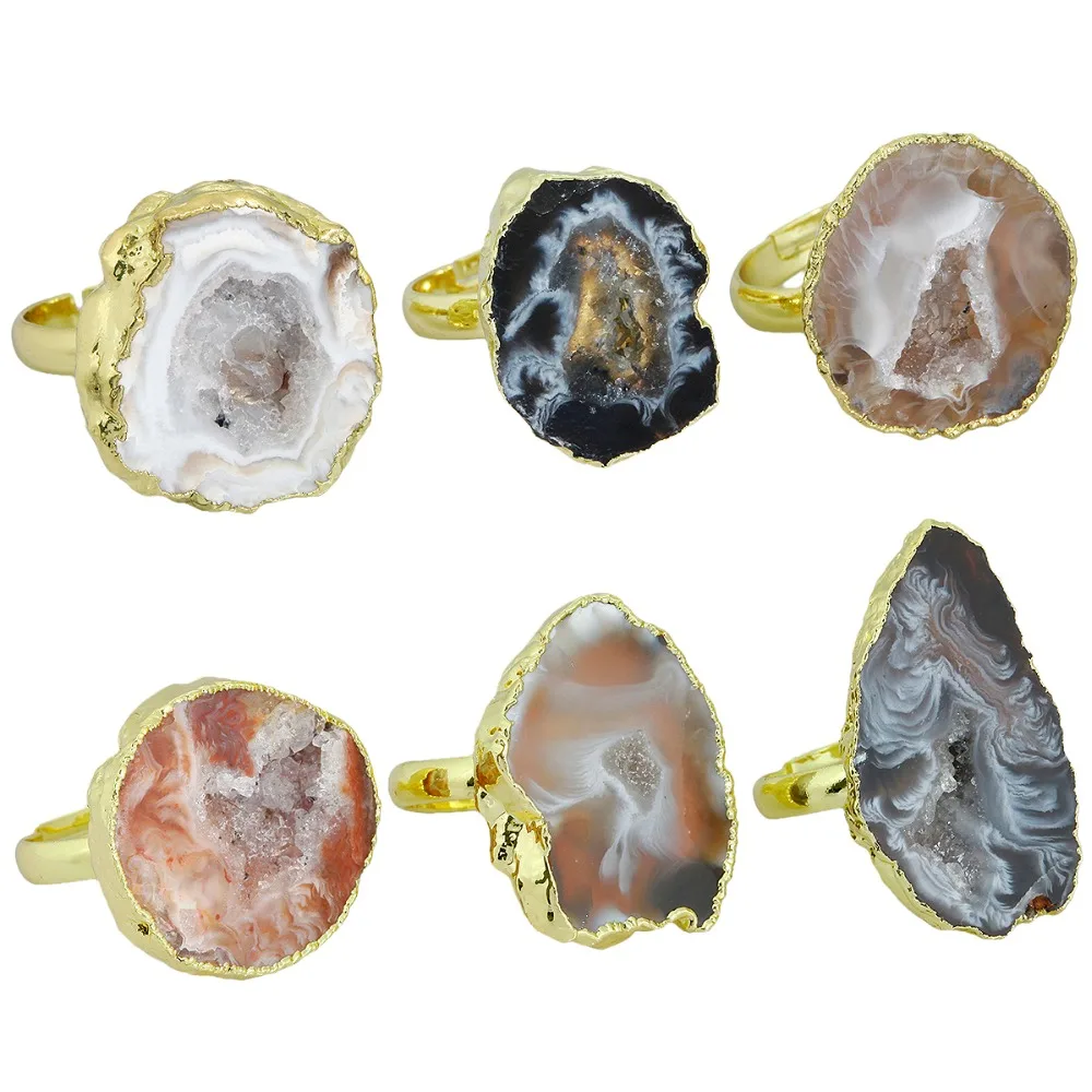 

TUMBEELLUWA Natural Agate Geode Freeform Irregular Crystal Quartz Druzy Slice Gold Color Ring Finger Jewelry For Women Men