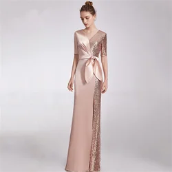 Lace Stain Mermaid Mother of the Bride Dresses rose gold Plus Size Long shiny v neck Long Sleeve Elegant Evening Formal Gowns La