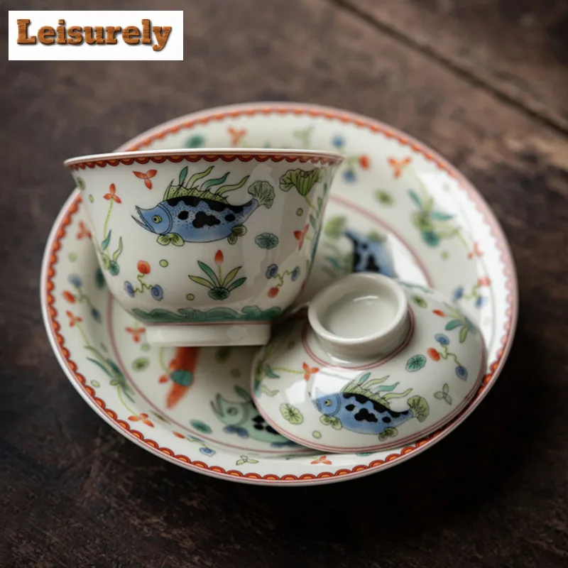 Antique Blue And White Three Talent Gaiwan Vintage Porcelain Bowls Tea Tureen Tea Making Cover Bowl Gong Fu Teaware Decoration