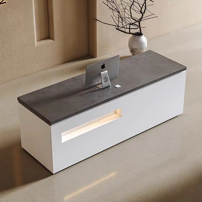 White Painted Counter Cash Desk Table Aesthetics Front Register Reception Store Customization With Light Bar Company Furniture