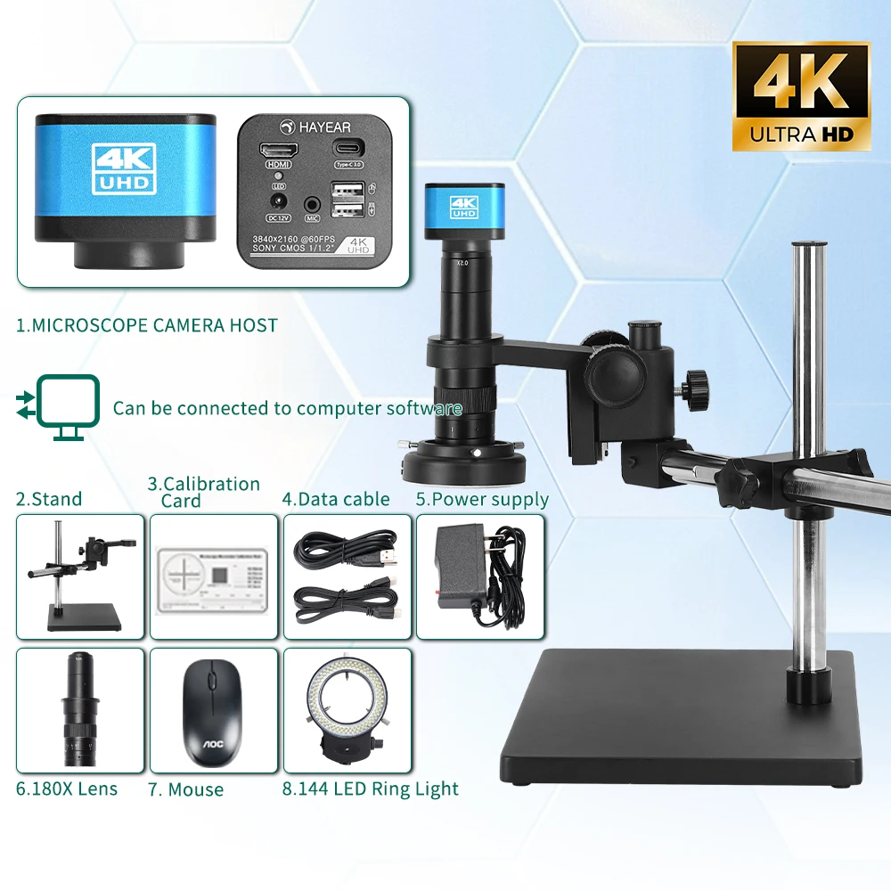Hayear 4K 60FPS 1/2'' IMX585 비디오 녹화 카메라 세트는 휴대폰 PCB 마더보드 용접 수리용 산업용 현미경에 사용됩니다.