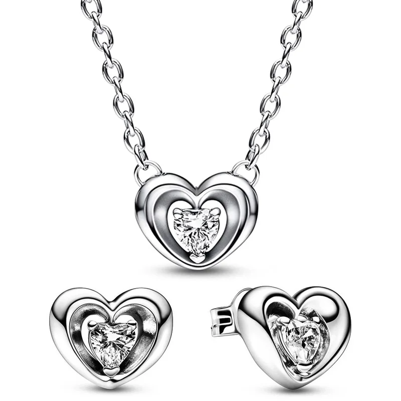

Original 925 Sterling Silver Radiant Heart & Floating Stone Necklace Earring With Crystal For Women Europe Fashion Jewelry