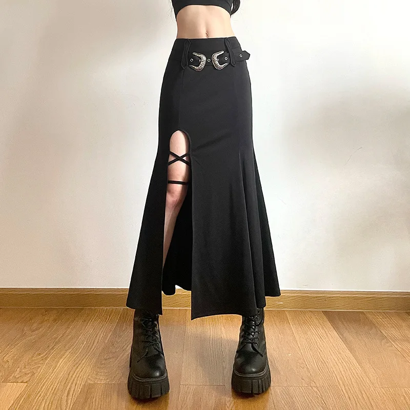 High Waist Metal Belt Goth Long Skirt for Women Split Side Bandage A-line Black Fishtail Midi Skirt Sexy Girl Harajuku Hip Hop