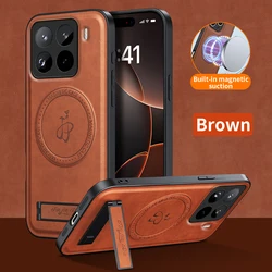 Premium Retro Leather Magnetic Case with Stand | Magsafe - Compatible | Shockproof Wireless Charging Cover for Xiaomi 17T Pro (Brown)