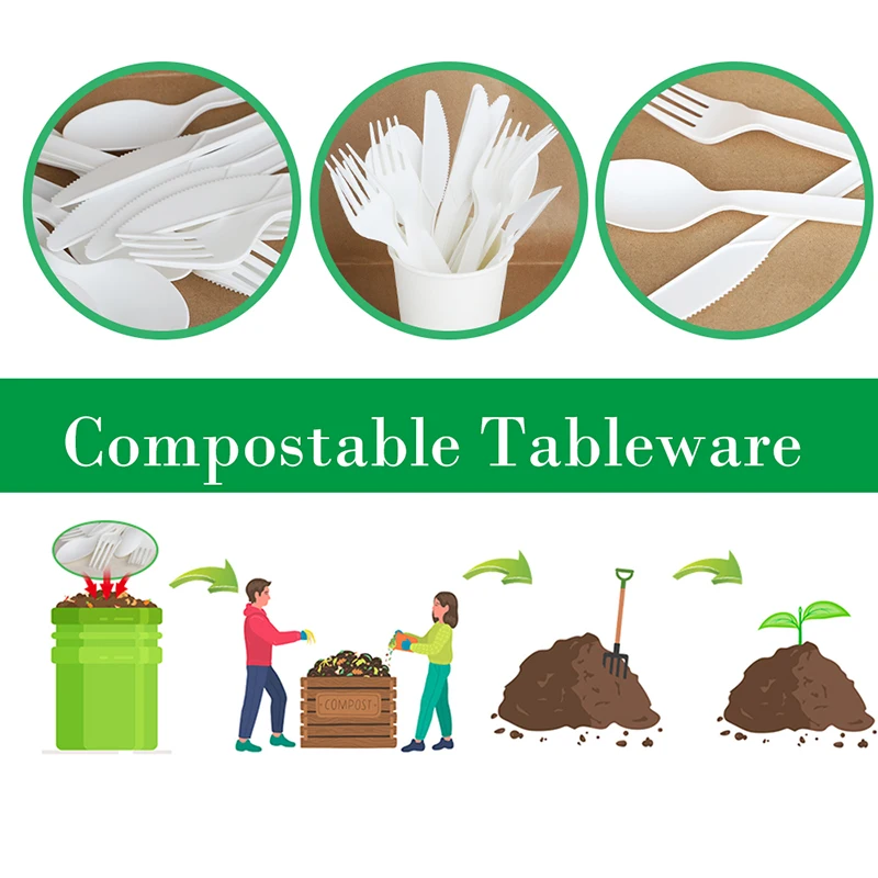 Smachin 50pcs CPLA Disposable Spoon Fork Knife Party Tableware Degradable Spoons Compostable Forks Cutlery For Birthday Dinner