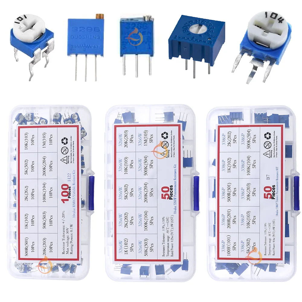 3296W 3296X RM063 RM065 3362P 3386P 3266W 3006P Trimmer Potentiometer Kit 100ohm-1M Variable Resistor Mixed set Box