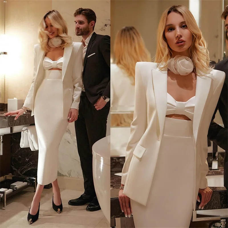 

3 Pcs Women's Suits Skirt Set White Custom Made Camisole Top+Blazer+Pants Ankle Length Formal Business Evening Party Prom Dress