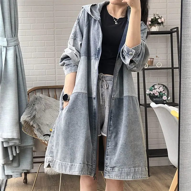

Oversize Jean Jacket for Women New Hooded Contrast Denim Trench Coat Spring Autumn Long Tops Loose Korean Fashion