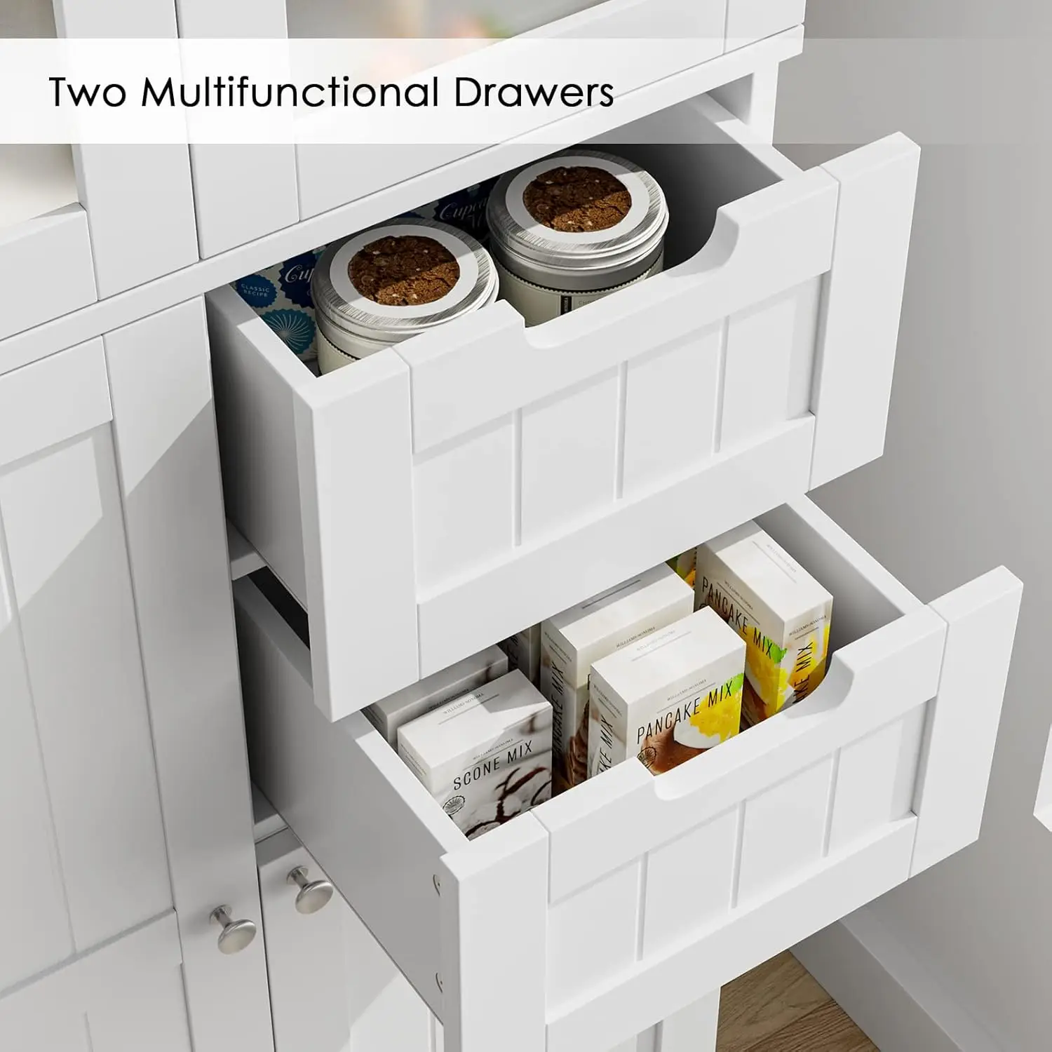 67'' Bathroom Storage Cabinet, Tall Storage Cabinet with Frosted 4 Doors and 2 Drawers, Kitchen Pantry with Adjustable Shelf