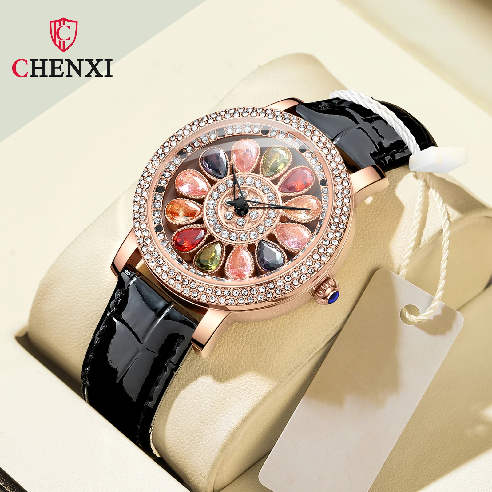 CHENXI Simple Casual Ladies Dress Wrist Watches Rose Gold Watch For Women Crystal Diamond Leather Women Watches Waterproof Clock