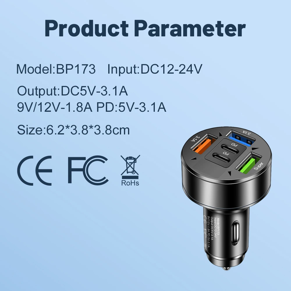 100W 3USB 2PD Car Charger Fast Charging PD QC3.0 USB C Car Phone Charger Type C Adapter in Car For iPhone Samsung Huawei Xiaomi