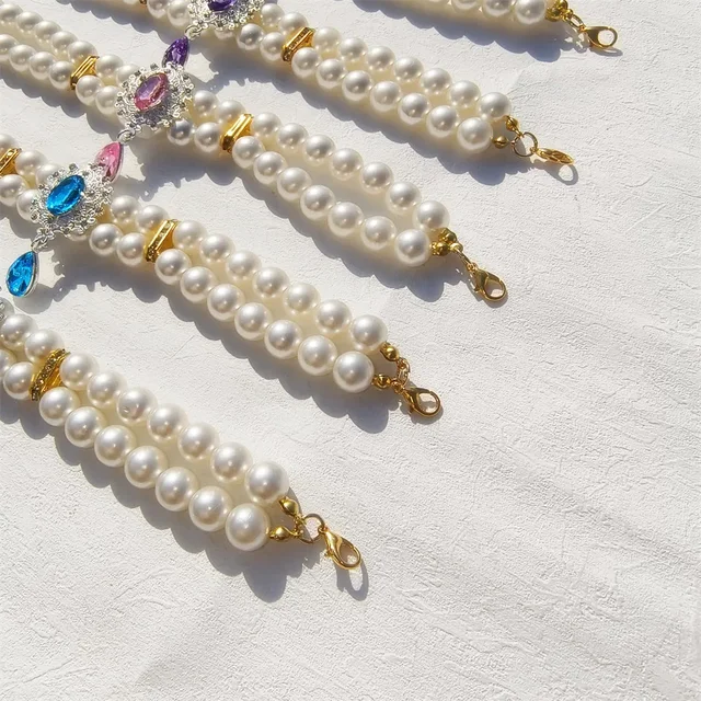 Cute Pet Accessories Double Layer Pearl Pet Necklace Sweet Flower Pendant Cat Neck Chain Adjustable Pearl Collar for Cats Puppy 6
