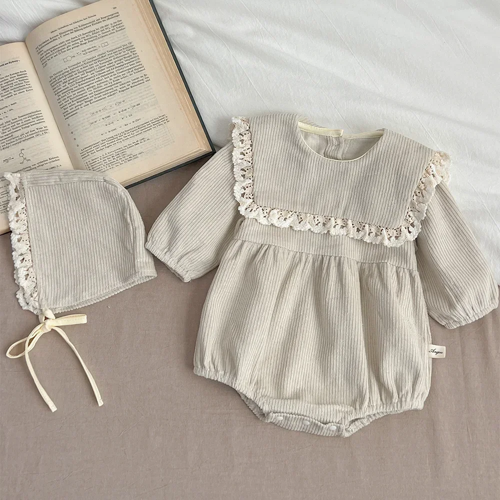 Stock Clearance 8628-1 Newborn Clothes Spring Autumn Baby Girl's One Piece Clothes Corduroy Climbing Clothes with Hat