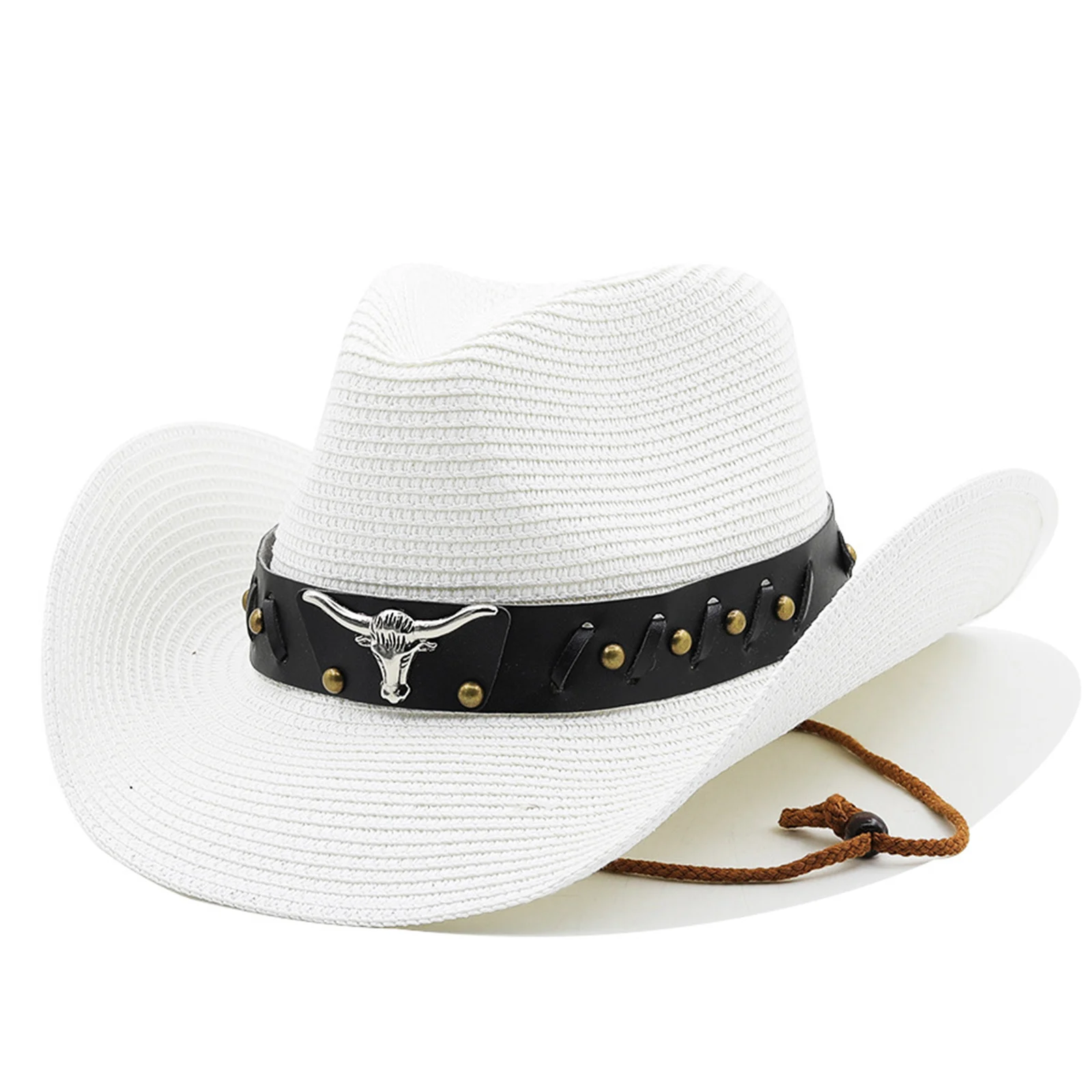Women Men Cowboy Hat Cow Head Leather Belt Decor Wide Brim Western Cowgirl Hat Foldable National Style Straw