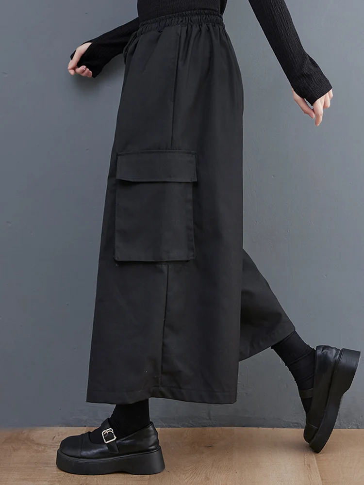 Black Vintage High Elastic Waist Drawstring Wide Leg Pants Women Loose Casual Pocket Fashion Ladies Trousers Spring Summer 2025