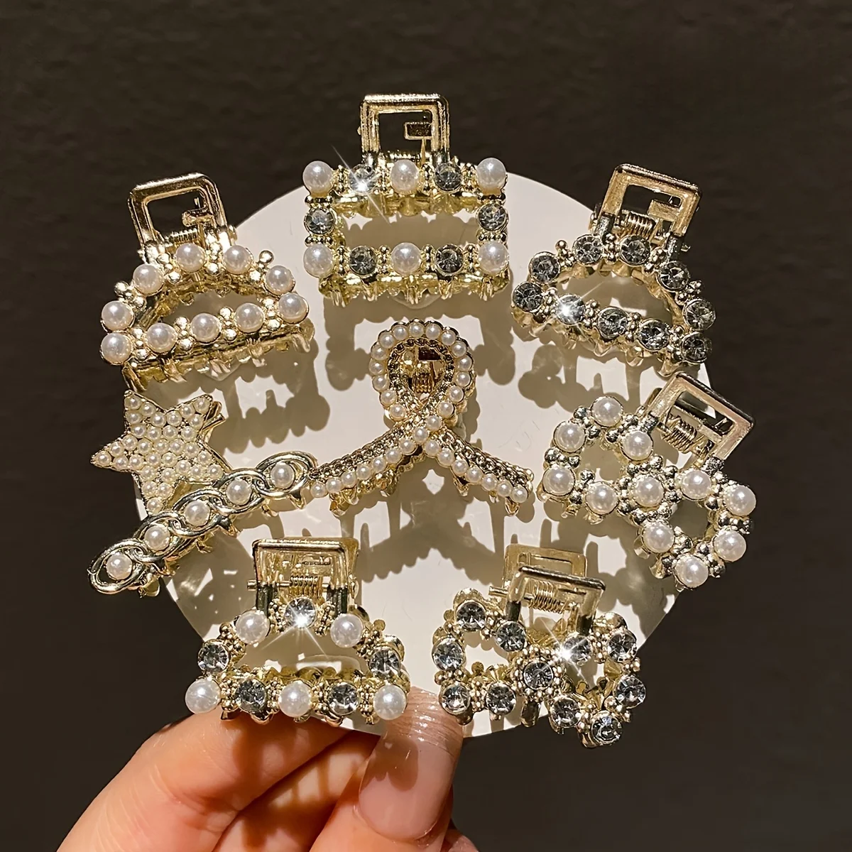 Conjunto de 8 molas de cabelo femininas com pérolas e diamantes_voghion.com