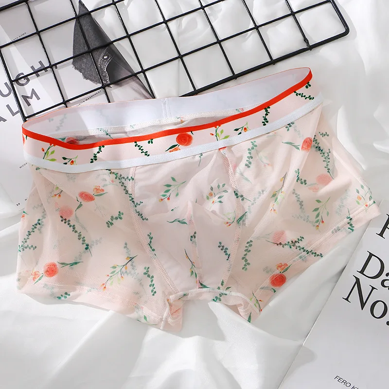 Men's Boxers Briefs Summer Ice Silk Underwear Mesh Transparent Panties Floral Fruit Printed Ultra-Thin Breathable Underpants