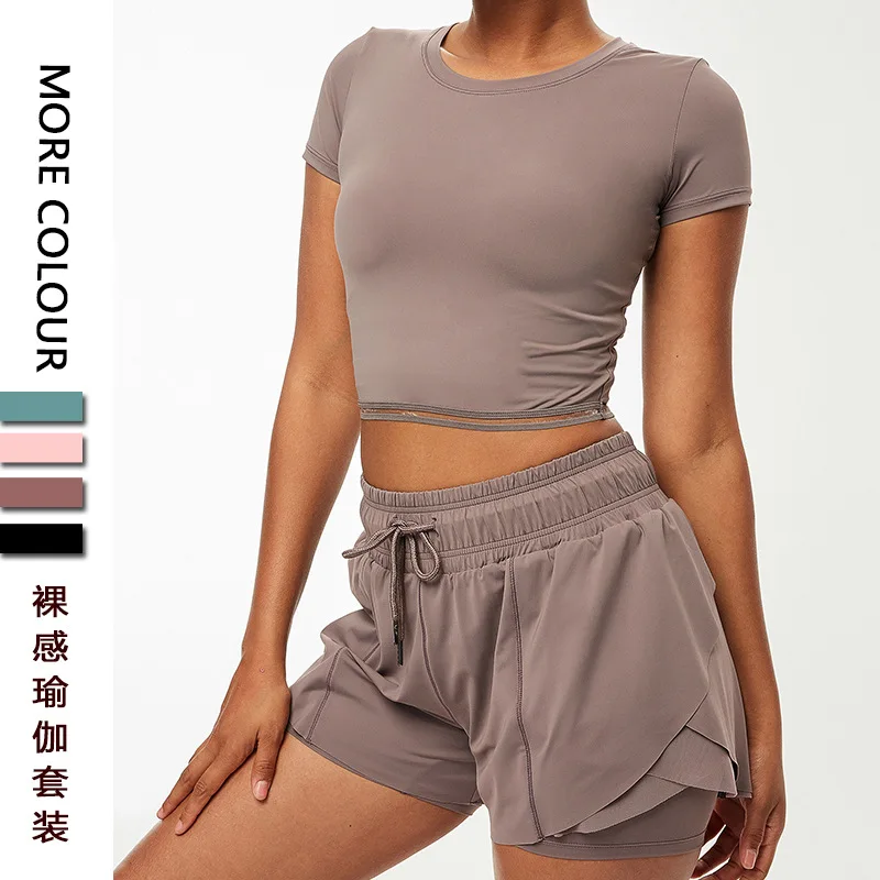 Dave&Di 2023 New Fashion Women's Yoga Clothing Suits  Gym  Navel Short ClothesTop and Sports Casual Shorts Two Pieces Sets Women
